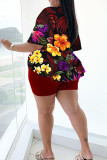 Blue Casual Print Bandage Patchwork V Neck Plus Size Two Pieces