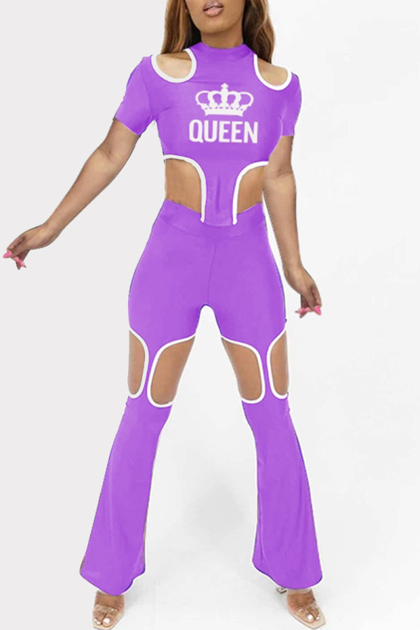 Purple Fashion Casual Letter Print Hollowed Out Asymmetrical Half A Turtleneck Short Sleeve Two Pieces