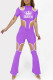 Purple Fashion Casual Letter Print Hollowed Out Asymmetrical Half A Turtleneck Short Sleeve Two Pieces