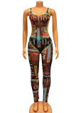 Black Sexy Print Hollowed Out Patchwork U Neck Sleeveless Two Pieces