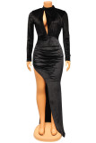 Black Fashion Sexy Solid Hollowed Out Slit Turtleneck Long Sleeves Evening Dress