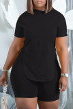 Blue Casual Solid Draw String O Neck Short Sleeve Two Pieces