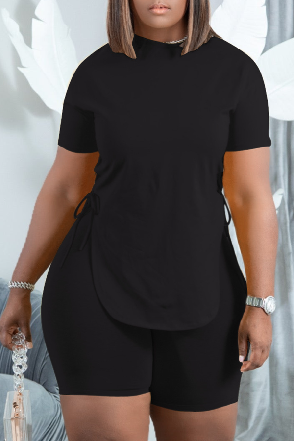 Black Casual Solid Draw String O Neck Short Sleeve Two Pieces