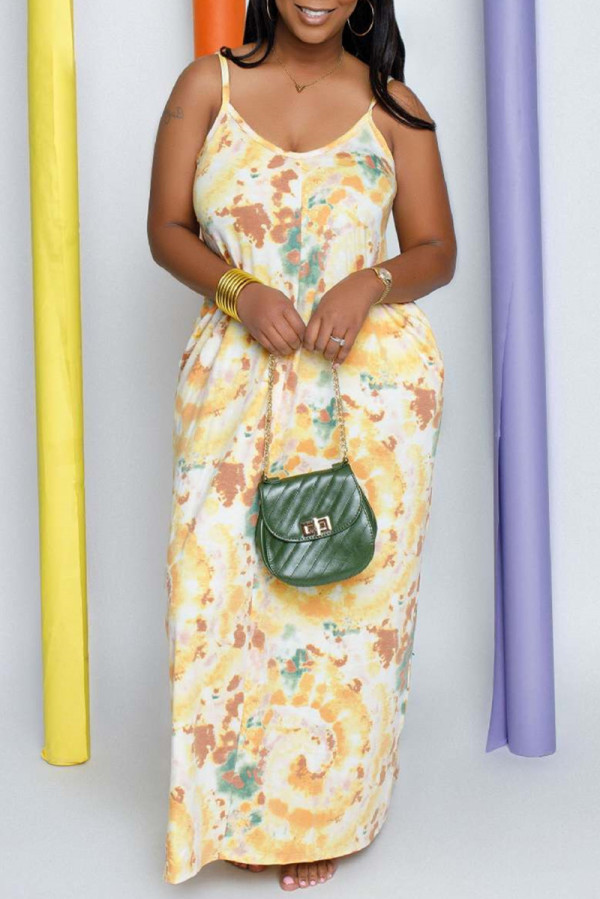 Yellow Sexy Casual Print Backless Spaghetti Strap Long Dress