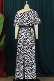 Black White Fashion Casual Print Zebra Print With Belt Oblique Collar Short Sleeve Dress