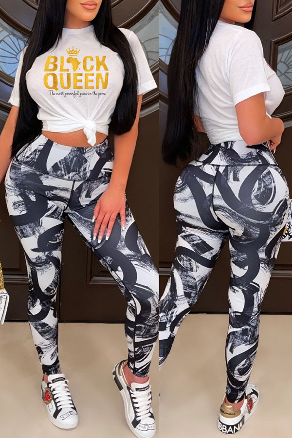 White Casual Print Patchwork O Neck Short Sleeve Two Pieces