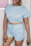 Grey Fashion Casual Solid Bandage Backless O Neck Short Sleeve Two Pieces
