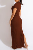 Coffee Sexy Solid Patchwork Slit Fold O Neck Straight Dresses