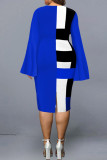 Blue Fashion Casual Print Slit V Neck Long Sleeve Plus Size Dresses