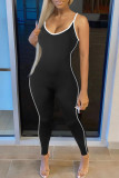 Colorful Blue Casual Sportswear Solid Patchwork Spaghetti Strap Regular Jumpsuits