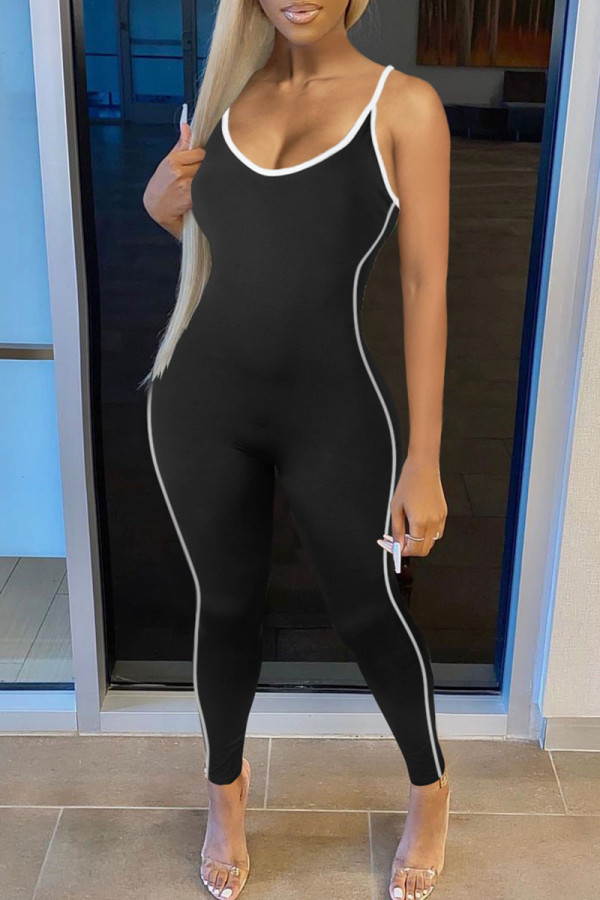 Black Casual Sportswear Solid Patchwork Spaghetti Strap Regular Jumpsuits