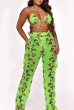 Grass Green Sexy Mesh Printing Swimsuit Two-piece Set