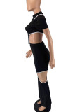 Blue Fashion Casual Letter Print Hollowed Out Asymmetrical Half A Turtleneck Short Sleeve Two Pieces