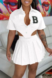 White Sexy Print Patchwork Buckle Asymmetrical Turndown Collar Short Sleeve Two Pieces