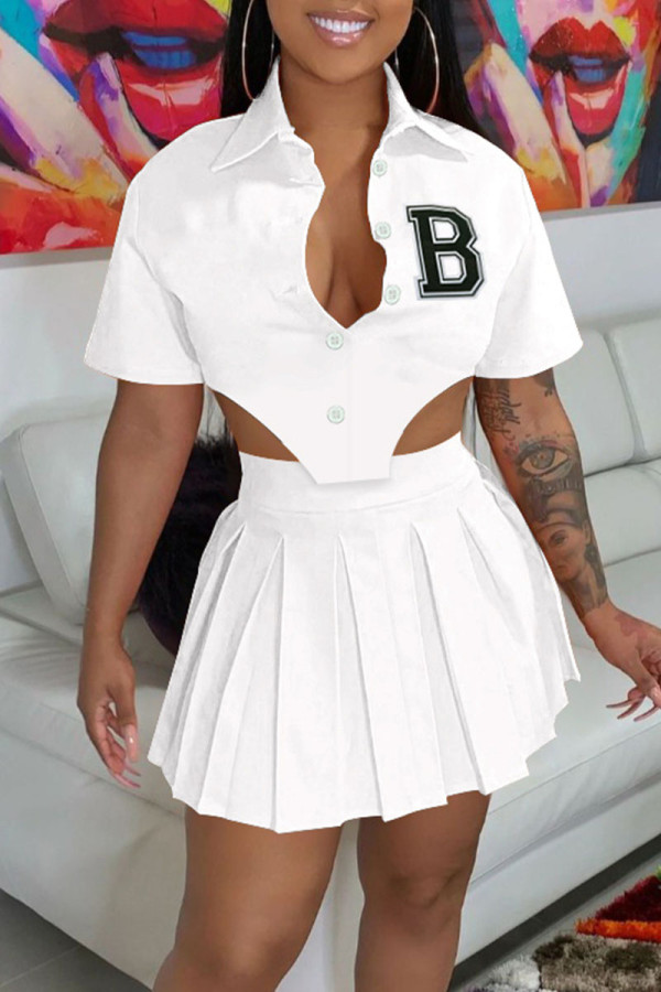 White Sexy Print Patchwork Buckle Asymmetrical Turndown Collar Short Sleeve Two Pieces