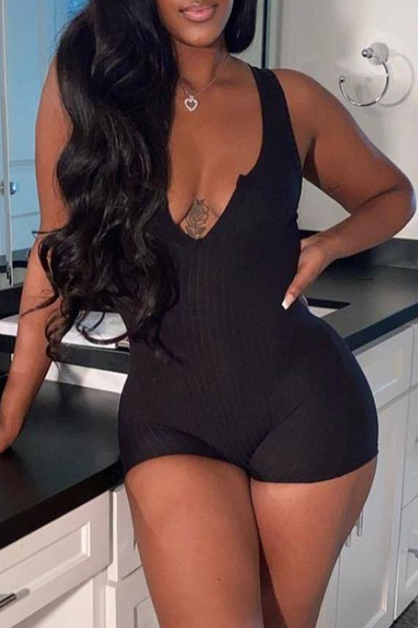 Black Sexy Solid Patchwork V Neck Skinny Rompers