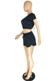 Grey Fashion Casual Solid Bandage Backless O Neck Short Sleeve Two Pieces