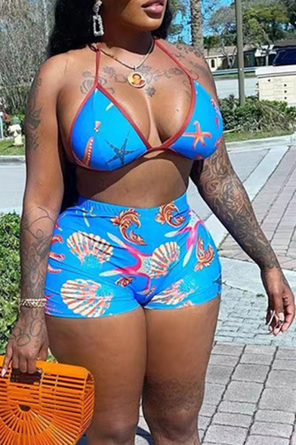 Blue Vacation Print Patchwork Swimwears