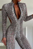 Silver Fashion Sexy Print Backless Zipper Collar Skinny Jumpsuits