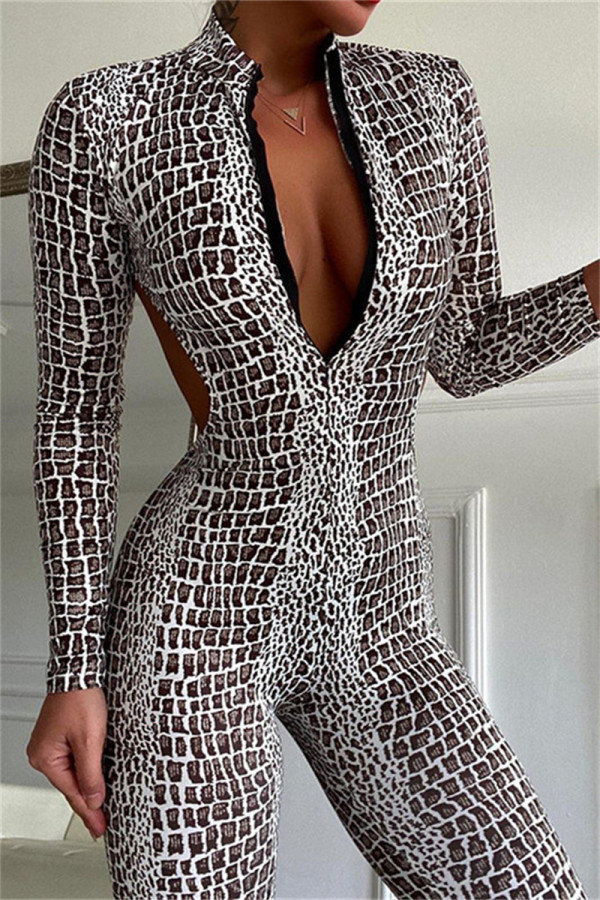 Silver Fashion Sexy Print Backless Zipper Collar Skinny Jumpsuits