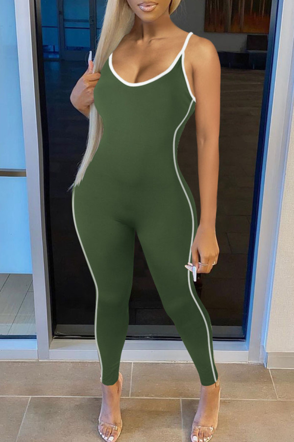 Army Green Casual Sportswear Solid Patchwork Spaghetti Strap Regular Jumpsuits