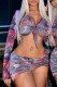 Purple Sexy Print Bandage Patchwork See-through V Neck Long Sleeve Three Pieces