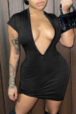Grey Fashion Casual Solid Basic V Neck Short Sleeve Dress Dresses