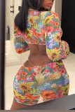 Colour Sexy Print Bandage Patchwork See-through V Neck Long Sleeve Three Pieces