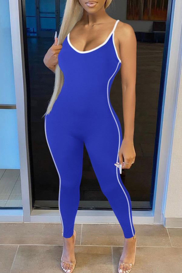 Colorful Blue Casual Sportswear Solid Patchwork Spaghetti Strap Regular Jumpsuits