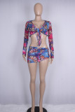 Colour Sexy Print Bandage Patchwork See-through V Neck Long Sleeve Three Pieces