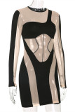 Apricot Fashion Sexy Patchwork See-through O Neck Long Sleeve Dresses