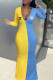 Yellow And Blue Fashion Street Print Patchwork V Neck One Step Skirt Dresses