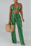 Grass Green Sexy Mesh Printing Swimsuit Two-piece Set