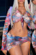 Blue Pink Sexy Print Bandage Patchwork See-through V Neck Long Sleeve Three Pieces