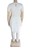 White Fashion Casual Solid Bandage Slit Asymmetrical O Neck Plus Size Two Pieces