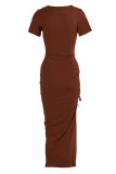 Coffee Sexy Solid Patchwork Slit Fold O Neck Straight Dresses