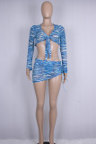 Colour Sexy Print Bandage Patchwork See-through V Neck Long Sleeve Three Pieces
