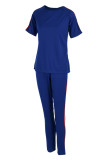 Royal Blue Fashion Casual Solid Split Joint O Neck Short Sleeve Two Pieces