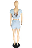 Grey Fashion Casual Solid Bandage Backless O Neck Short Sleeve Two Pieces