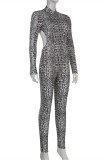 Silver Fashion Sexy Print Backless Zipper Collar Skinny Jumpsuits