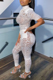 White Sexy Solid Patchwork See-through Half A Turtleneck Short Sleeve Two Pieces
