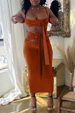 Brown Fashion Sexy Solid Hollowed Out Patchwork Backless Spaghetti Strap Sleeveless Two Pieces