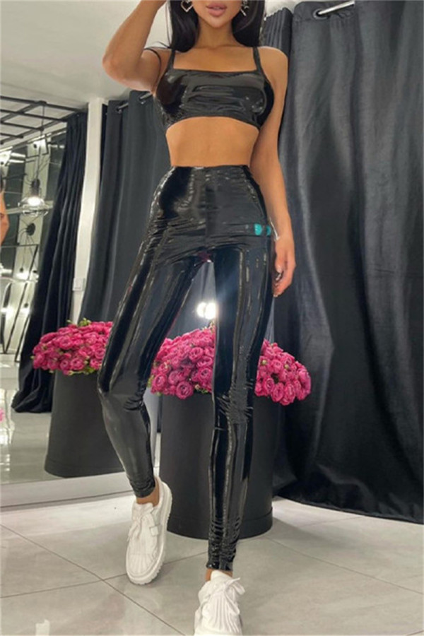 Black Sexy Casual Solid Backless Spaghetti Strap Sleeveless Two Pieces