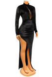 Black Fashion Sexy Solid Hollowed Out Slit Turtleneck Long Sleeves Evening Dress