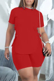 Pink Fashion Casual Solid Bandage O Neck Short Sleeve Two Pieces