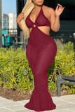 Green Fashion Sexy Solid Patchwork Backless Halter Sleeveless Dress