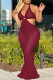 Burgundy Fashion Sexy Solid Patchwork Backless Halter Sleeveless Dress
