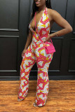 Red Sexy Print Patchwork Halter Regular Jumpsuits