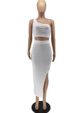 White Sexy Solid Split Joint Slit Oblique Collar Sleeveless Two Pieces