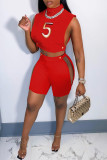 Red Fashion Sexy Print Hollowed Out Turtleneck Sleeveless Two Pieces